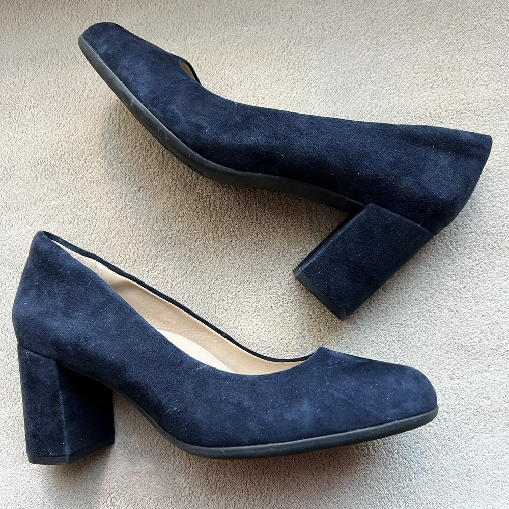 ABEO Tempo Navy Blue Suede Block Heel Classic Pumps Minimalist‎ Women's 9